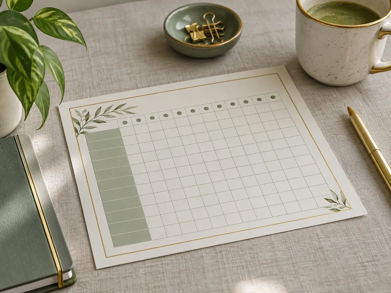 A printed habit tracker on a linen desk